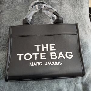 Tote Bag Small Black Leather Fashion Purse Gold Zipper Closure White Writing